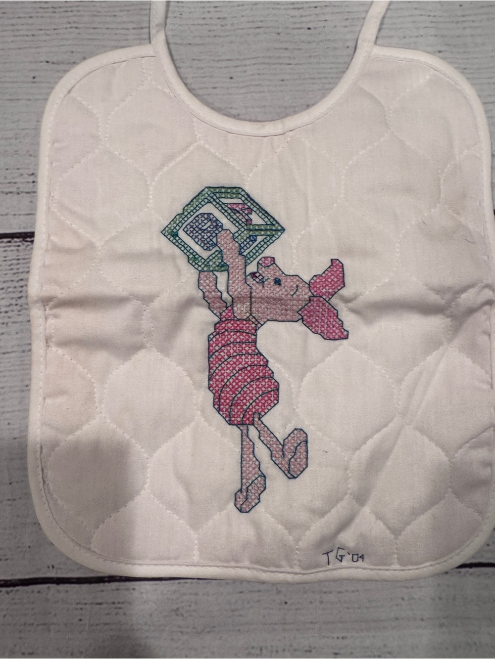 Vintage Handmade Cross Stirch Piglet Baby Bib